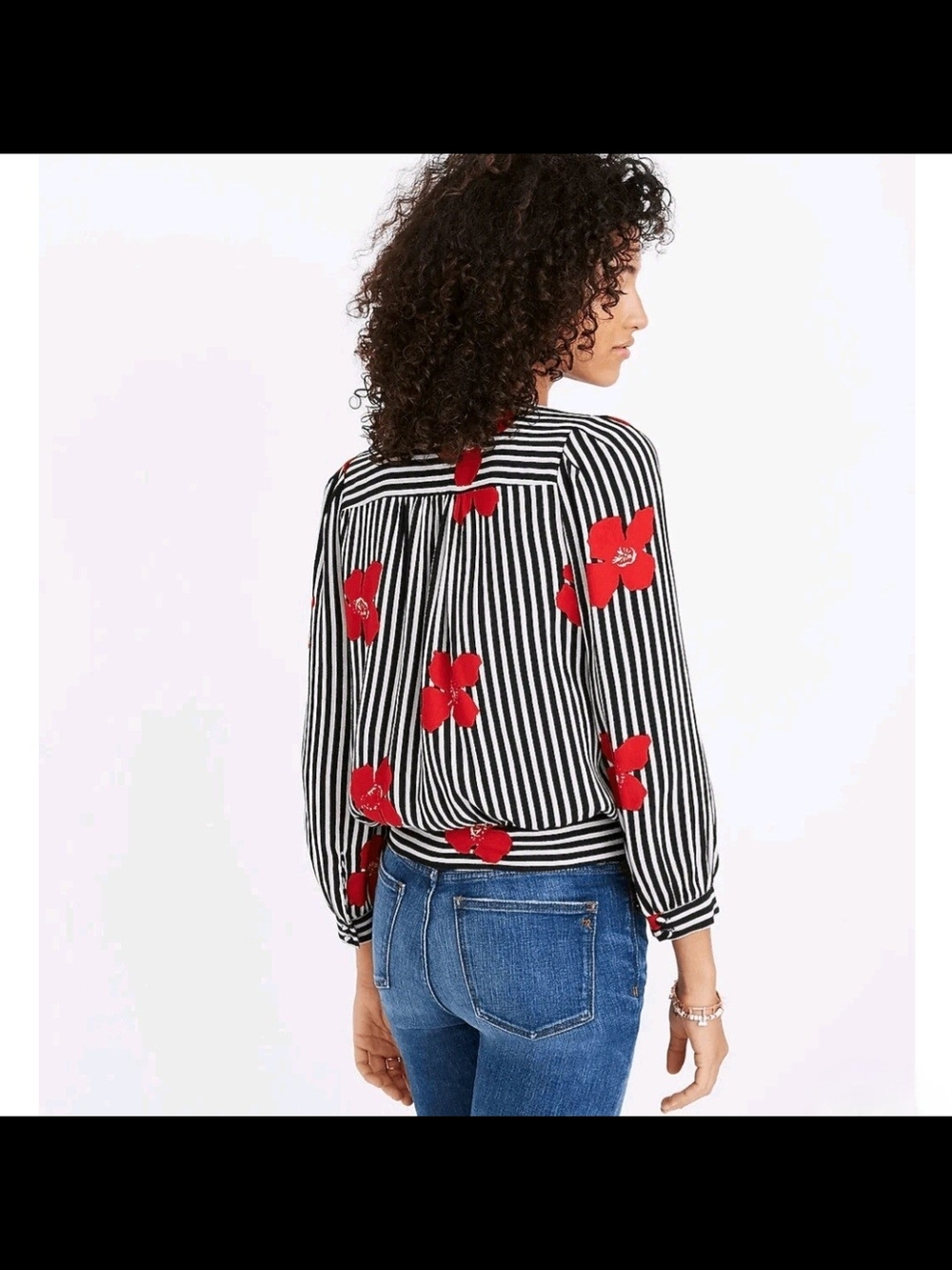 Madewell Black & White Wrap Blouse Top Shirt Red Floral Candied Orchid Small S - Picture 4 of 5